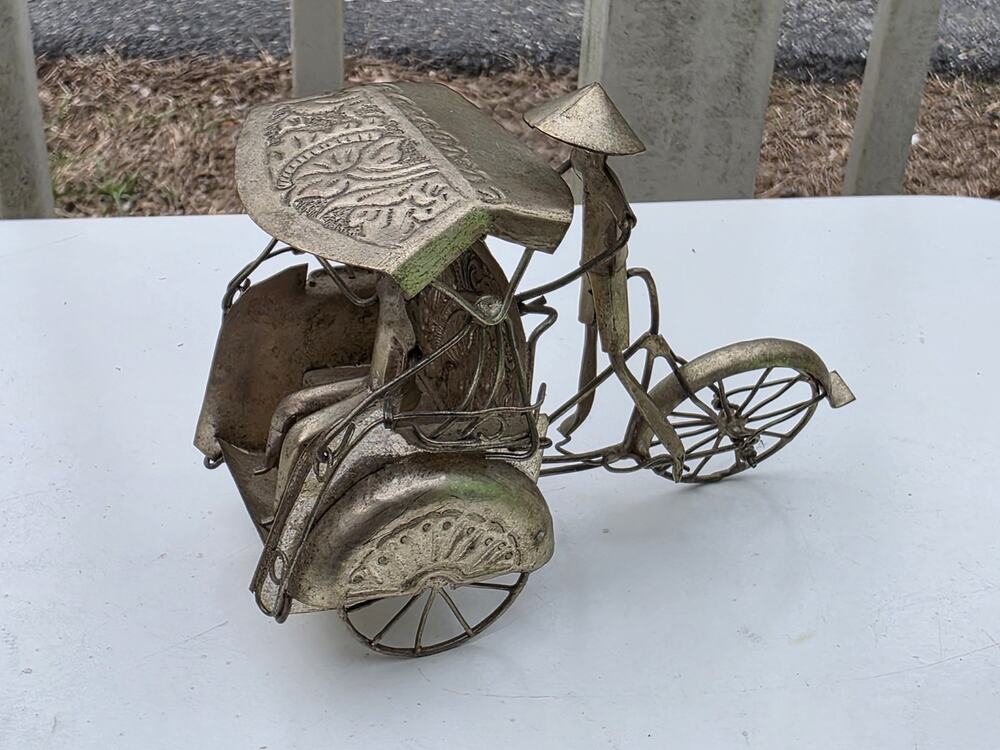 Small Vintage Brass Tin Wire Rickshaw Chinese Carriage Figurine Ornament Asian